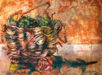 <i>Cesto di Frutta e Rosa</i> - Olio su tela del 1975 - cm.54x73 (cod. NA7501)